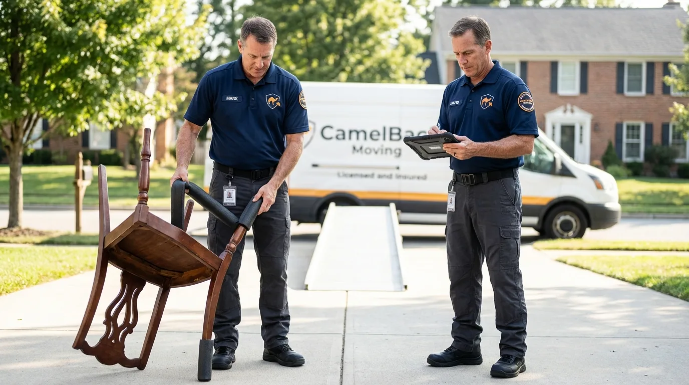Movers inspecting furniture for damage prevention before loading in Anahola, HI